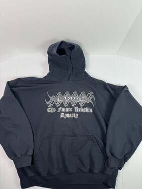 Y2K Vintage Gothic Graphic 'Redskin Dynasty' Black Hoodie, Mens XL - Streetwear